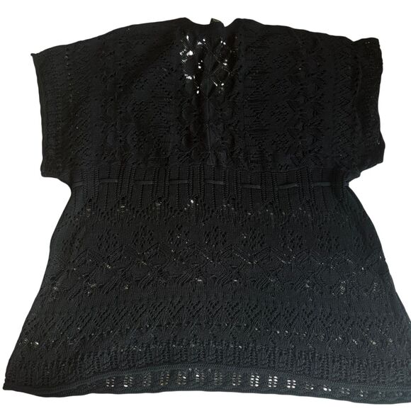 LANE BRYANT Women Sz 18/20 Black Dolman Sleeve Knit Eyelet V-Neck Top Drawstring - Picture 2 of 6